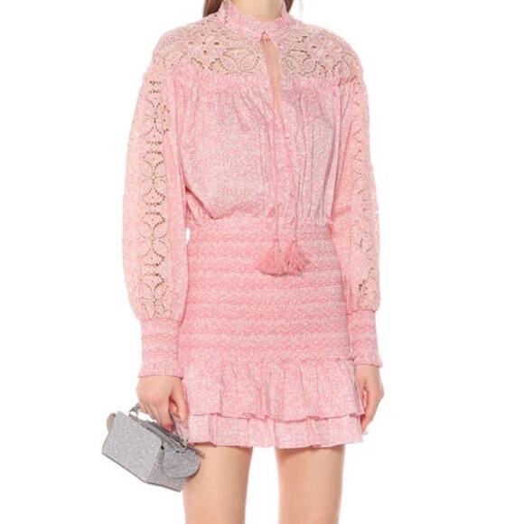 Jonathan Simkhai Sydney Floral‎ Ruched Elastic Ruffle Smocked Mini Skirt Pink XS - Picture 1 of 11